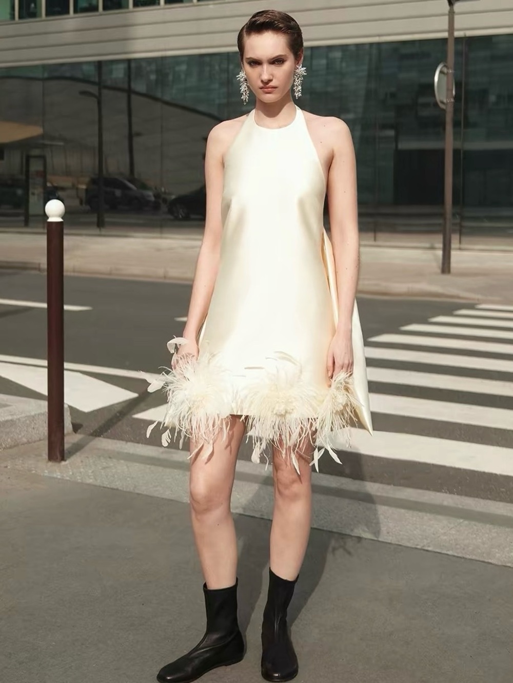 NWOT Self-Portrait YELLOW TAFFETA FEATHER TRIM MINI DRESS - Picture 5 of 9